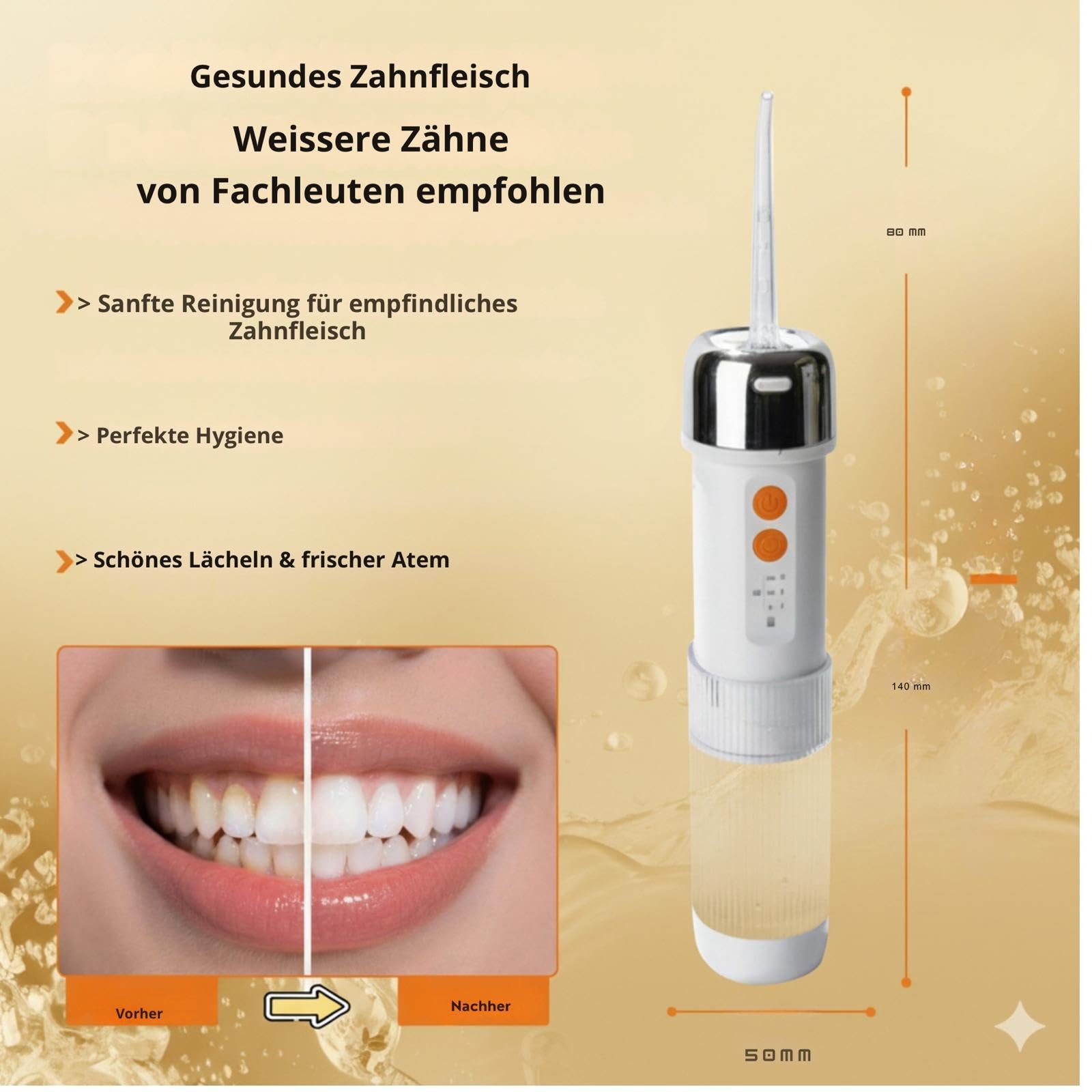 Munddusche IPX7, 250 ml Tank, 5 Düsen, USB-C, 4 Leistungsmodi 35–140 PSI mit Speicherfunktion, 45 Tage Akkulaufzeit, professionelle Zahnreinigung, kompaktes Design ideal für Reisen