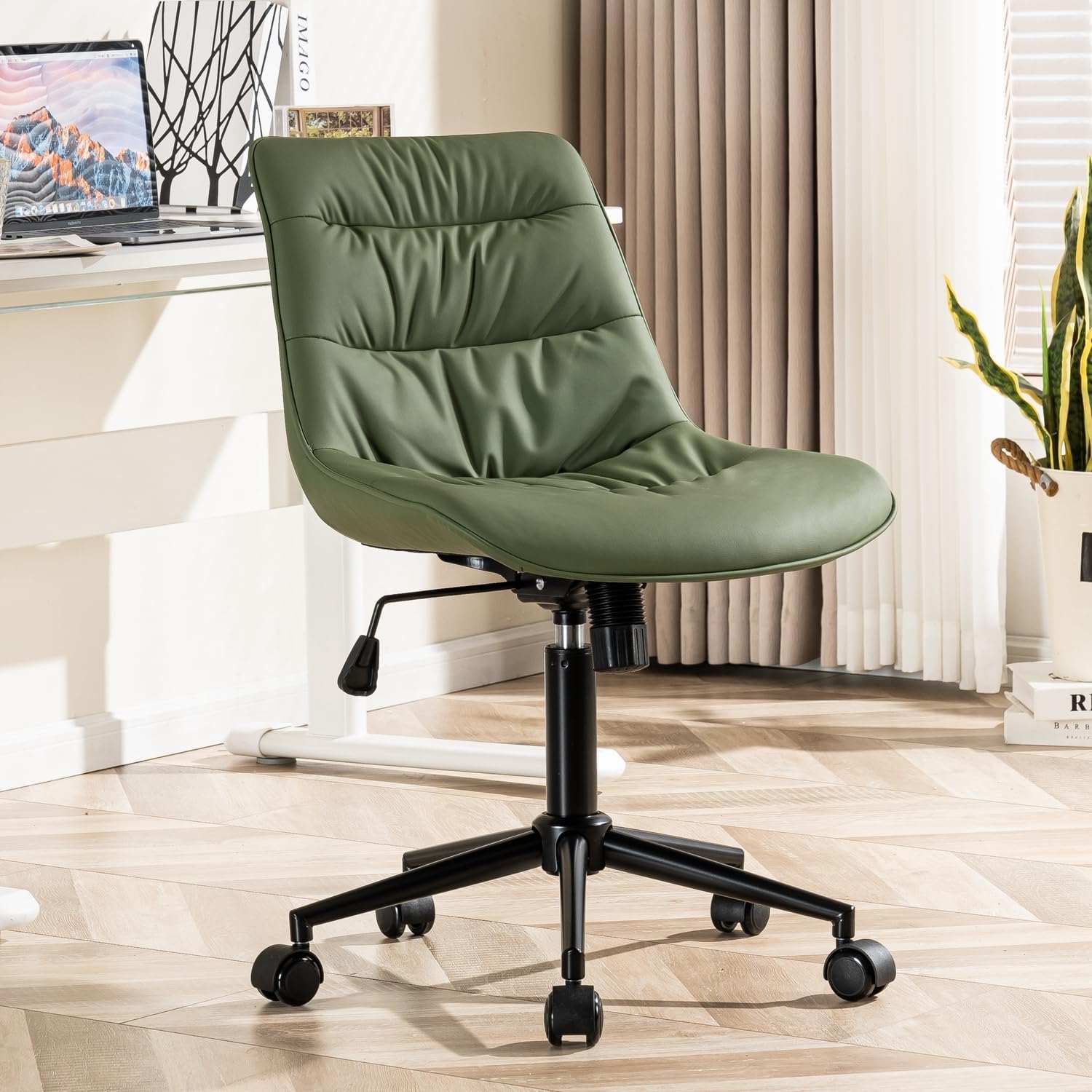 Kidol & Shellder Faux Leather Office Chair, Adjustable Swivel Height Task Chair, Rolling Wheels & Soft Backrest - Armless Ergonomic Desk Chair for