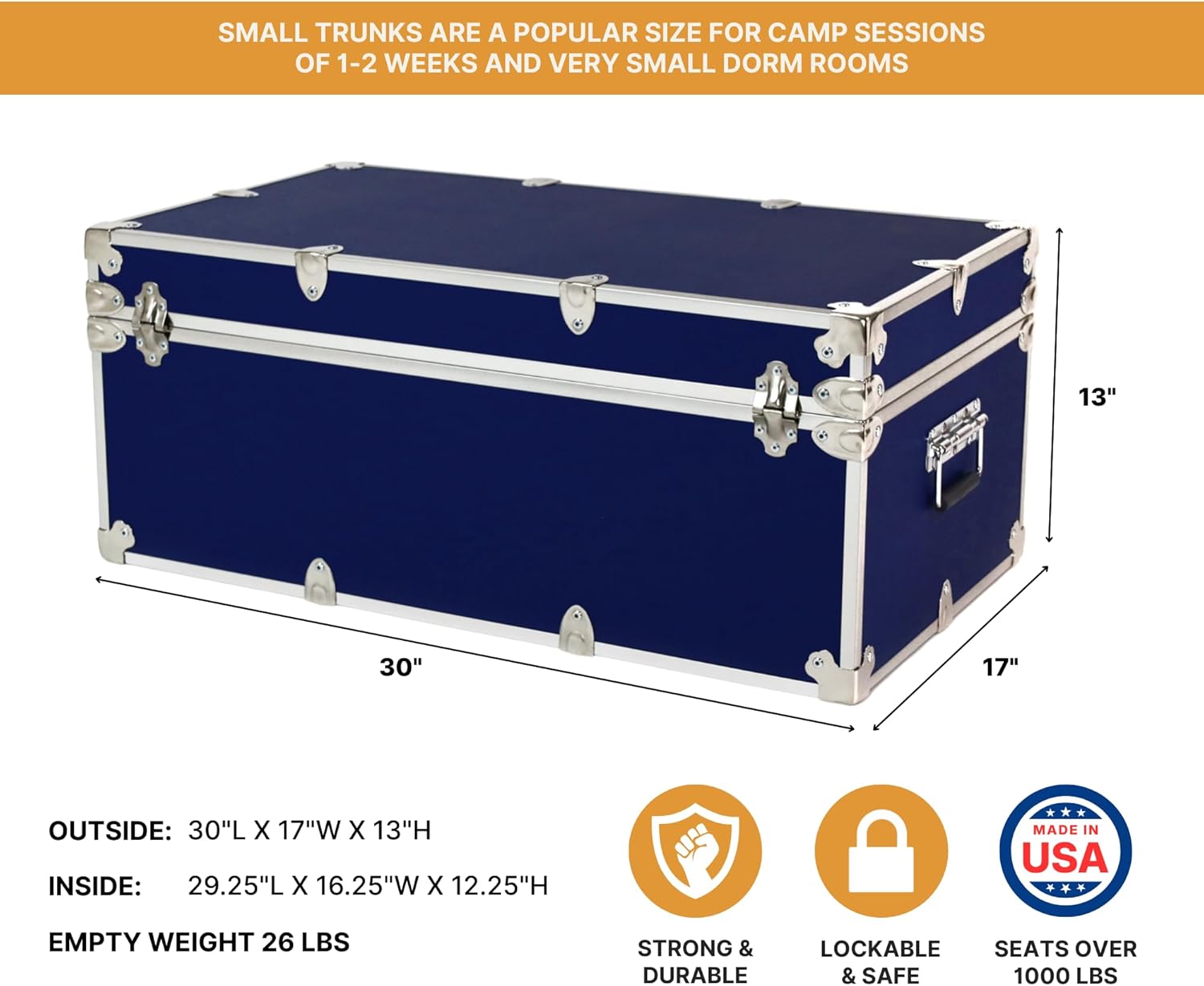 Rhino Trunk & Case Small Essential Trunk With Wheels 30"x17"x13", 1000+ lbs Capacity - Many Colors. Strong, USA Made Summer Camp Footlocker, and Secure College Dorm Storage Chest