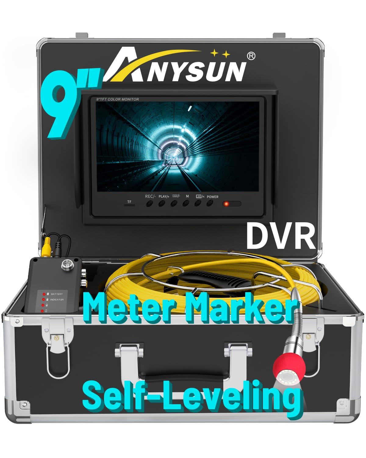 Sewer Camera Self Leveling, Anysun Sewer Inspection Camera with Meter Marker, 9'' Monitor and DVR Recorder, Plumbing Pipe Camera with 12 Lights, Drain Sewer Camera for Plumber, Homeowner(16GB Card)