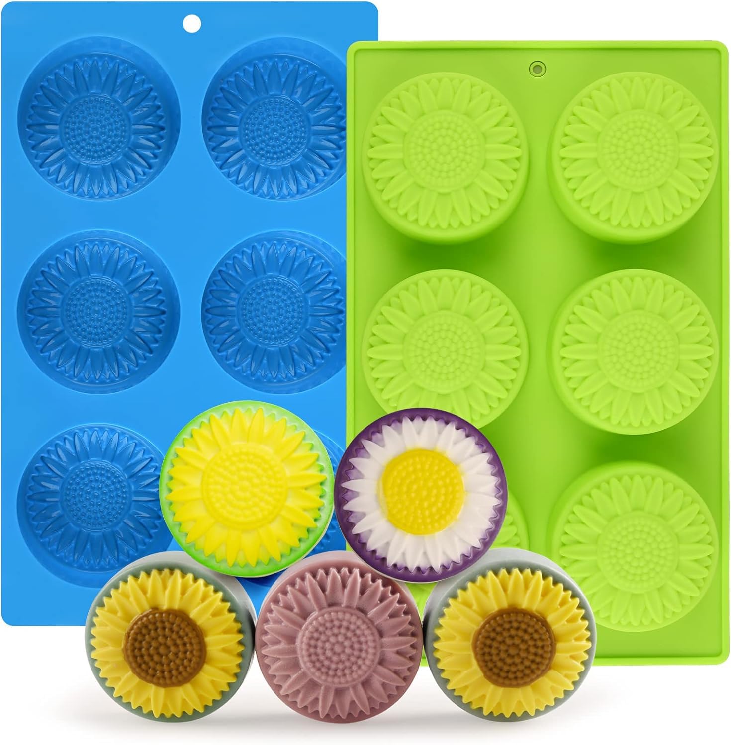 Round Sunflower Soap Molds, 1 Pack 6 Cavity Cylinder Daisy Flower Silicone Molds for Making Hot Chocolate Bomb, Cake, Jelly, Soap, Lotion Bars