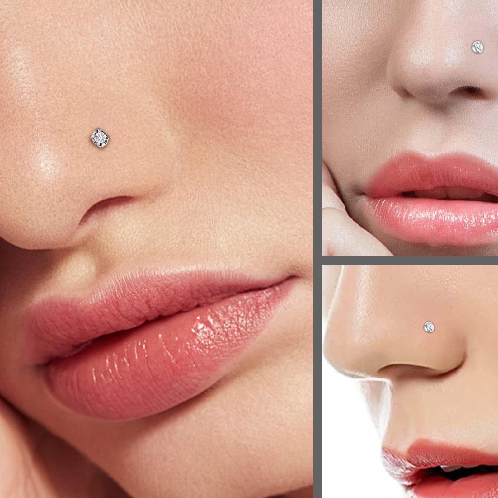 Piercing nariz plata 20G acero quirúrgico delgada barra de cristal Kit Regalo Mujeres Hombres Niñas