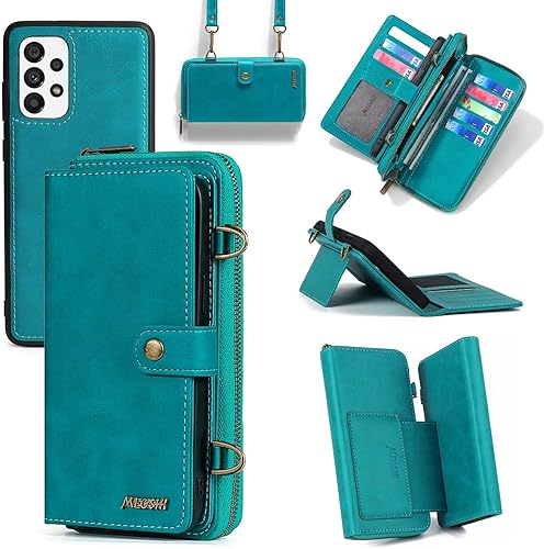 Compatible con Samsung Galaxy A32 5G 2021 6.5 pulgadas Funda tipo cartera con soporte de correa de hombro multifunción 2 en 1 cubierta magnética