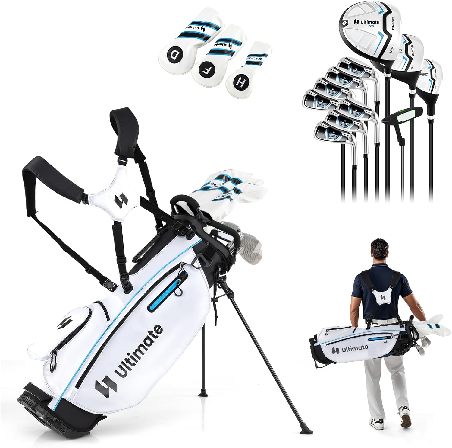 ULTIMATE Men's Complete Golf Clubs Set w/Golf Stand Bag, #1 Driver, #3 Fairway, #5 Hybrid, #5#6#7#8#9#P#S Irons, Putter, Headcovers & Rain Hood, Golf Clubs for Men - Right Handed