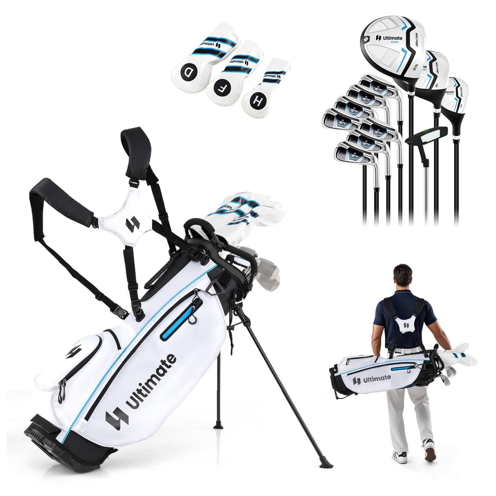 COSTWAY Set Completo di Mazze da Golf con Sacca a Treppiede, Include con Driver 1 da 460CC, Legno 3, Ibrido, Ferri 5, 6, 7, 8, 9, P, S, Putter e Copertura Antipioggia per Destrimani
