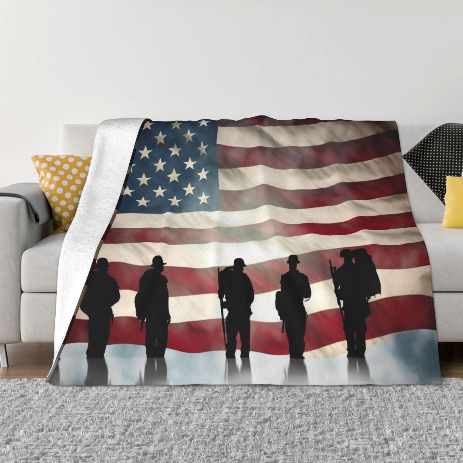 American Flag Veterans Day Throw Blanket 80"x60" Flannel Fluffy Warm Blanket for Couch, Reversible Plush Blankets for Bed, Comfy Fuzzy Blanket for Sofa, Plush Lightweight-Blankets for All Season