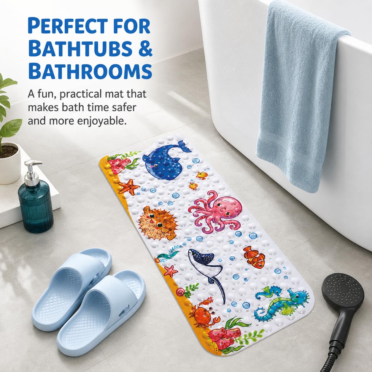 Tapis de Bain Antidérapant pour Bébé et Enfants, 100 x 40 cm, avec Ventouses et Trous d’Évacuation, Lavable en Machine, Motif Pieuvre Rose