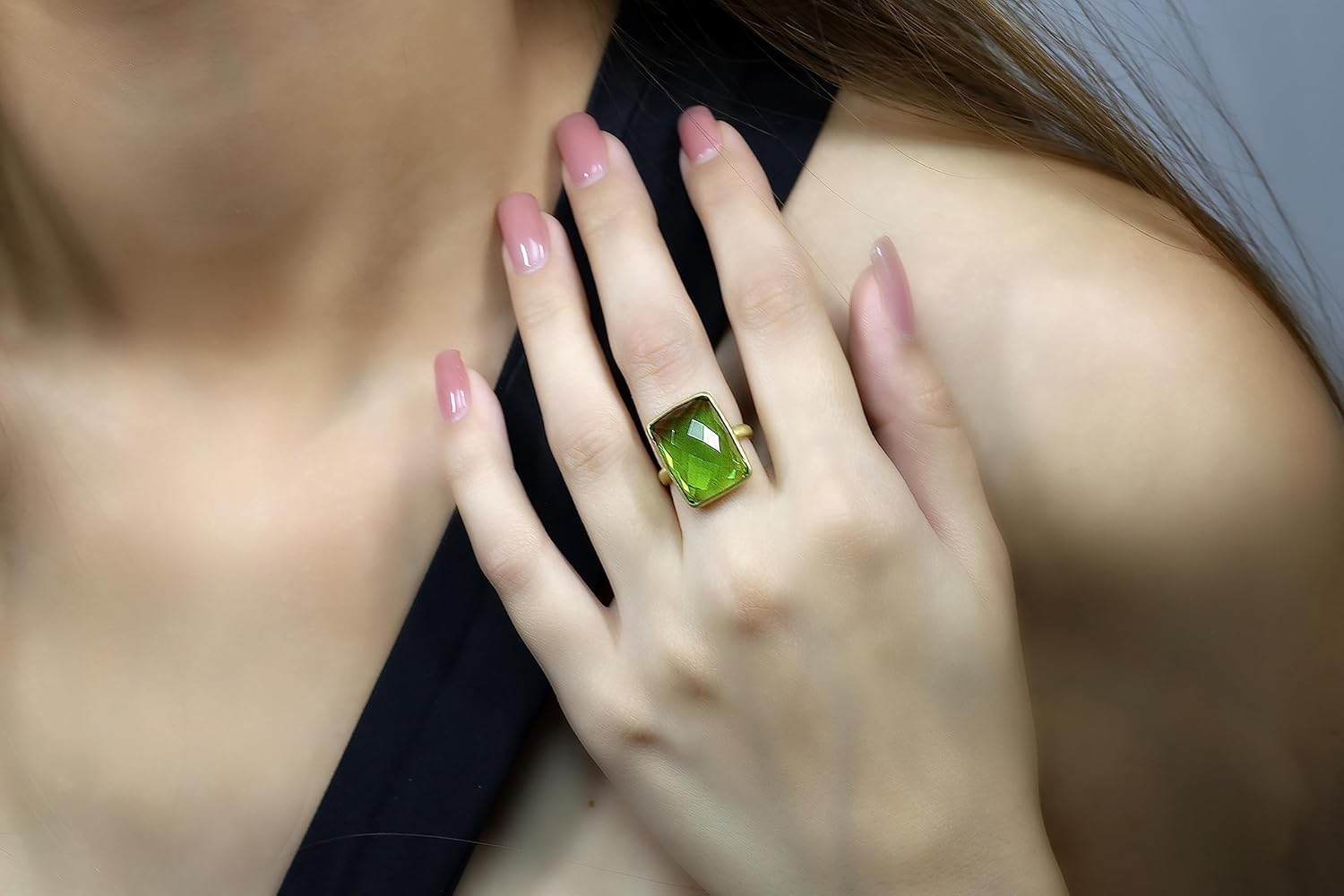 Bezel Set Rectangle Peridot Ring - Gold Filled Statement Jewelry - August Birthstone Ring for Women