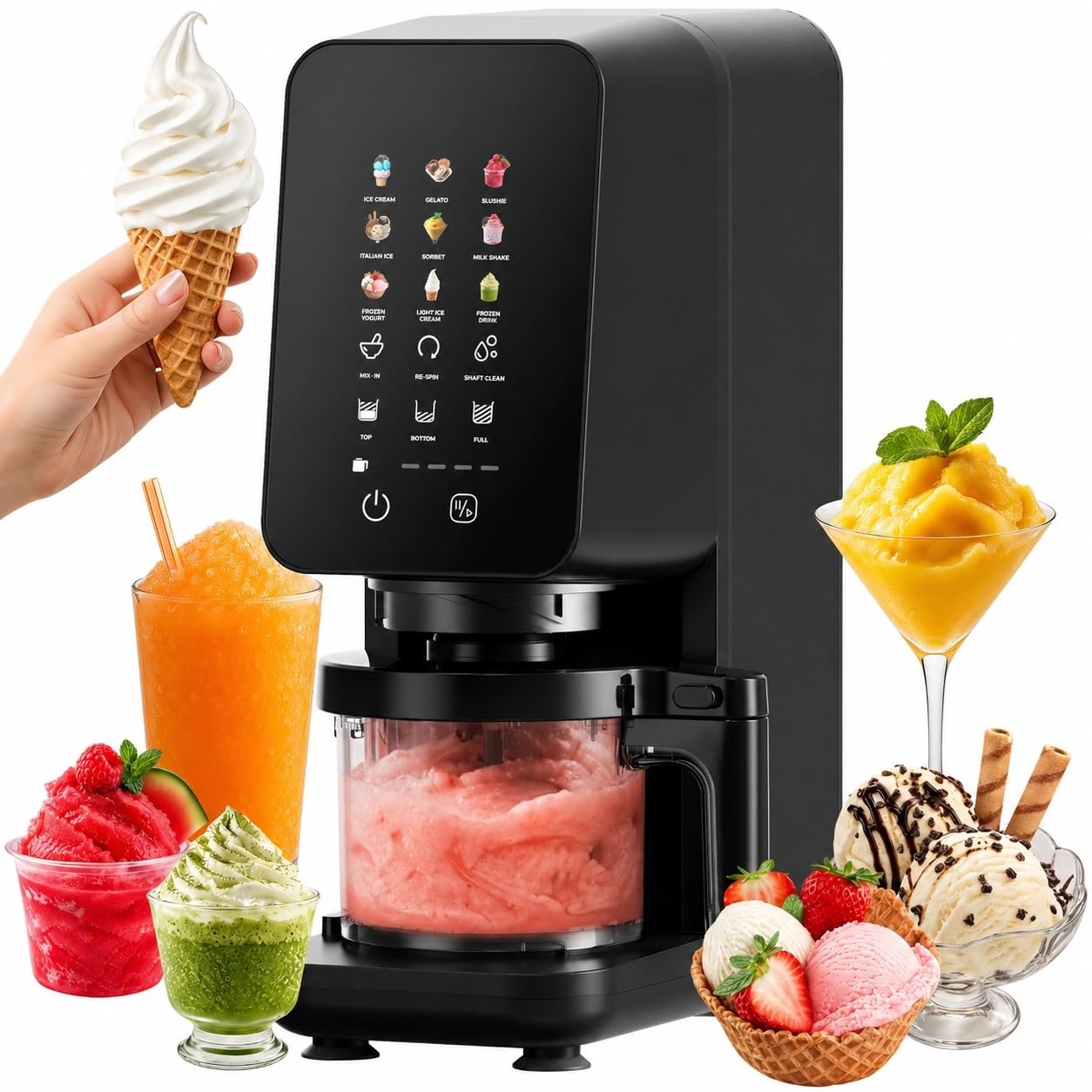4Swiss Eismaschine Softeismaschine Ice Cream Maker Speiseeismaschine Eismaker für Slush Frozen Yogurt Gelato Sorbet Milchshake Maschine Eisbereiter Slushie One-Touch MIX-IN Keto Schwarz - IB026