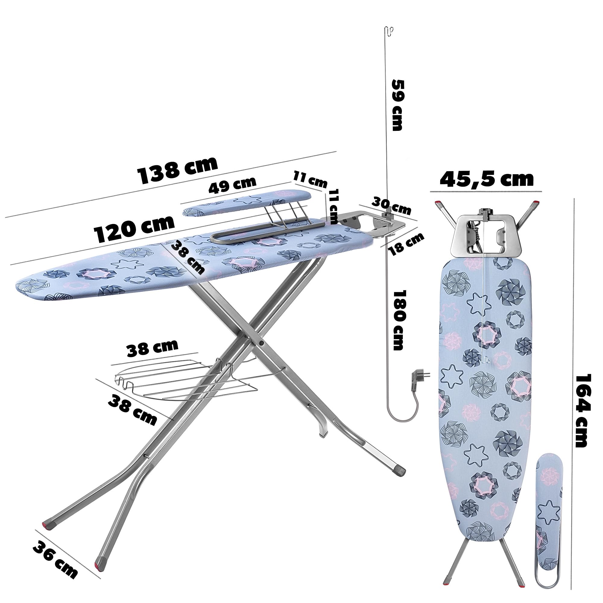 KADAX Table à Repasser avec Jeannette - Bleu 120x30 cm - Repassage Vapeur avec Support de câble et rallonge intégrée - Anti-Pliage accidentel Pieds antidérapants et étagère vêtement