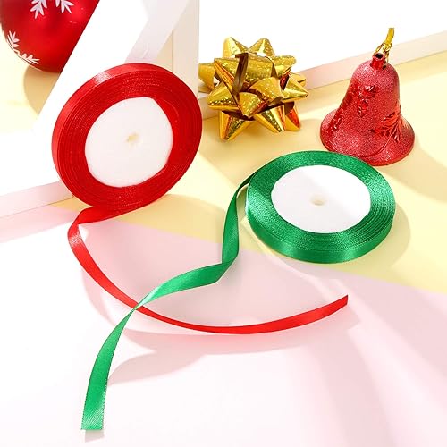 Miniatura 7 de Cinta de satén de 100 yardas para envolver regalos de Navidad (rojo y verde, 0.394 pulgadas)