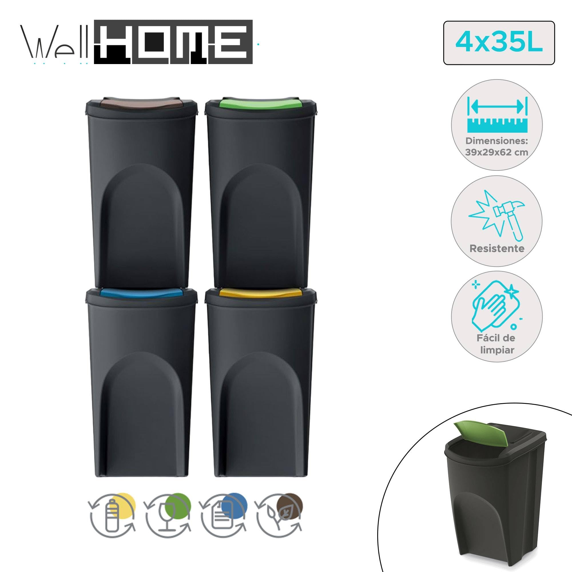 WELL HOME MOBILIARIO & DECORACIÓN Mülltonnen-Set, 100% recycelter Kunststoff, Schwarz, 4 x 35 l, 4 Stück