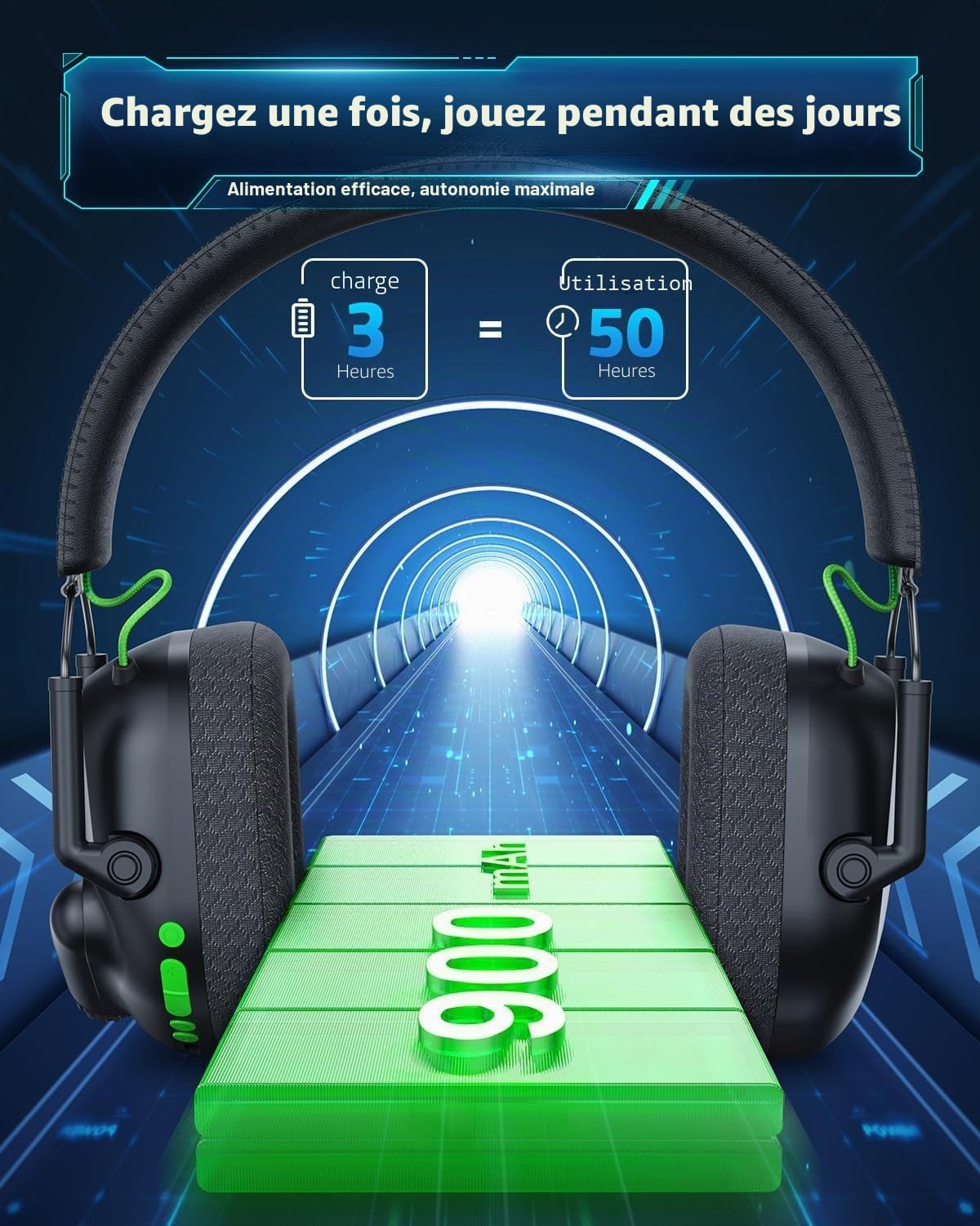 Vakedy Casque de jeu sans fil pour PC, PS5, PS4, Mac, Switch, Dongle USB 2,4 GHz avec micro, Bluetooth 5.4, pilote de 50 mm, son stéréo, éclairage froid, batterie 50H, noir/vert