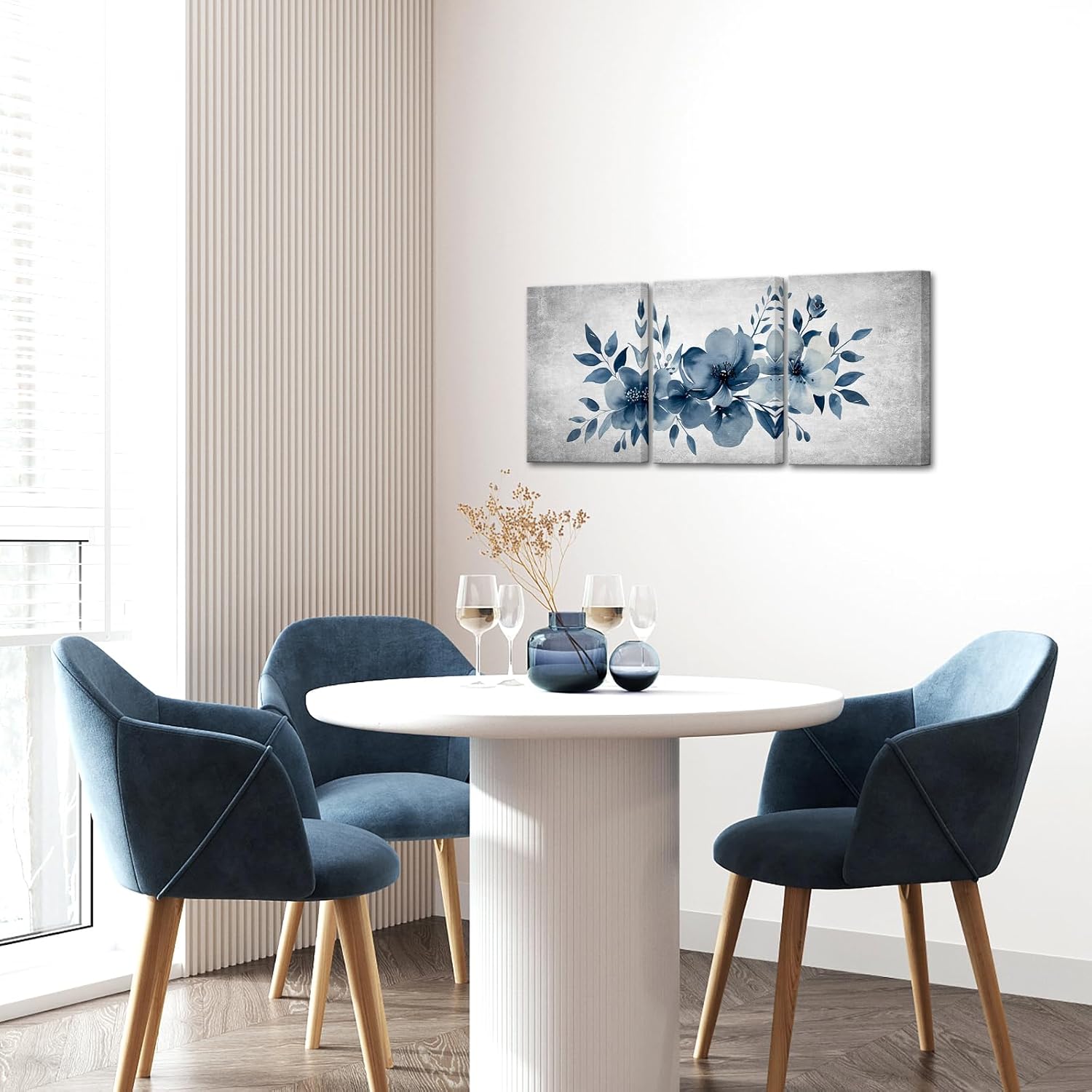 Canvbay 3 Pieces Floral Canvas Wall Art Navy Blue and Grey Flower Painting Prints Watercolor Botanical Pictures Artwork Framed for Bedroom Bathroom Home Decor Ready to Hang 12x16inchx3pcs