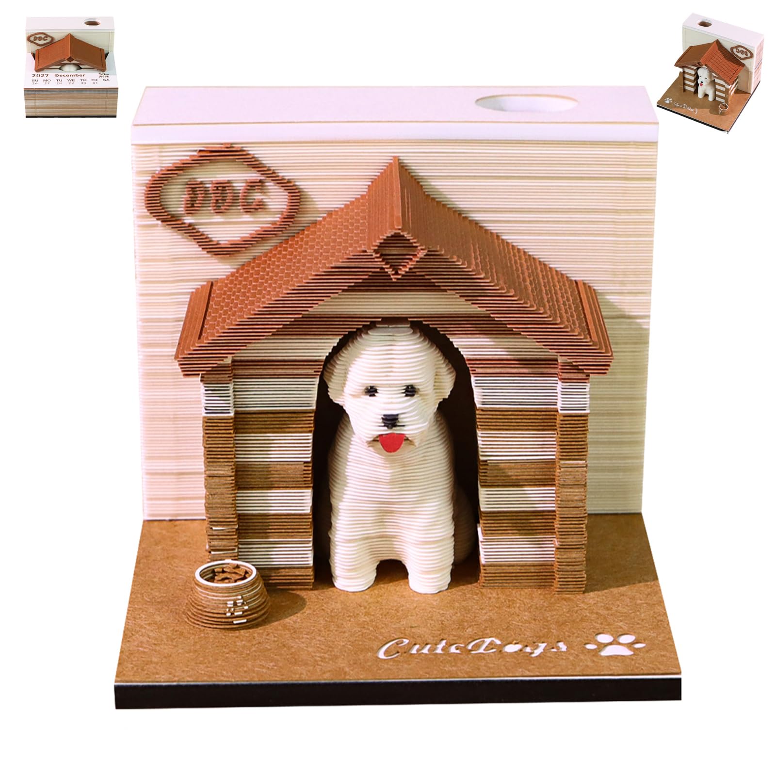 3D Memo Pad Time Piece Calendar 2027, 3D Tear-Off Art Desk Calendar 2027, Creative 3D Memo Pad Paper Art Tree House DIY Paper Carving Decoration (Cute Pet Cottage)