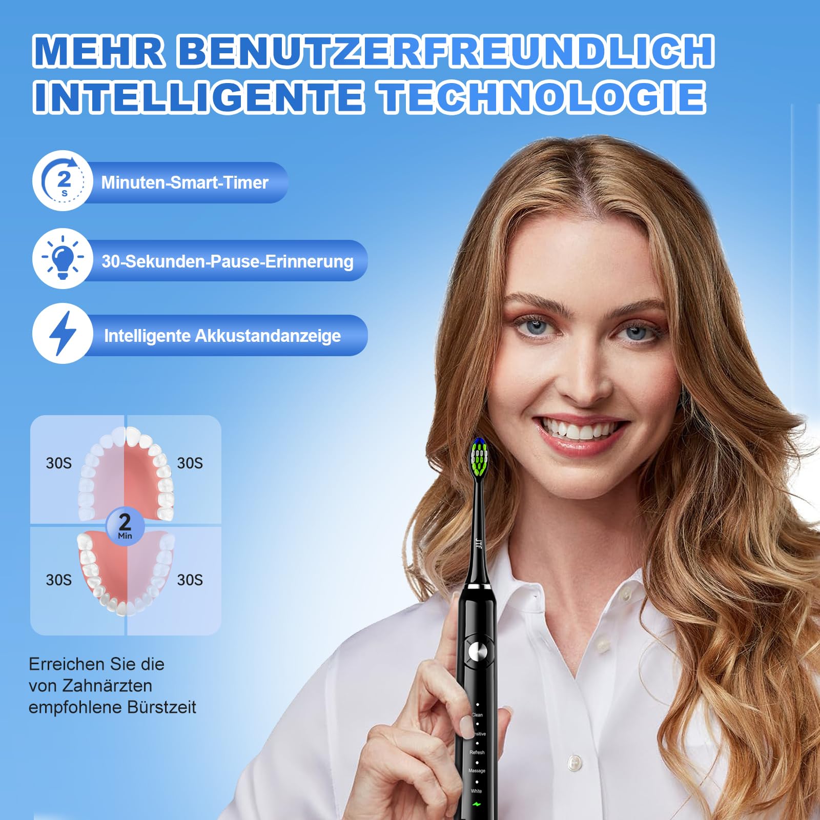 JTF Spazzolino Elettrico Sonico Adulti con 5 Modalità di Spazzolamento, Spazzolini Elettrici ad Ultrasuoni Impermeabile IPX7, 6 Testine, Sensore di Pressione, Timer e Custodia Spazzolino da Viaggio