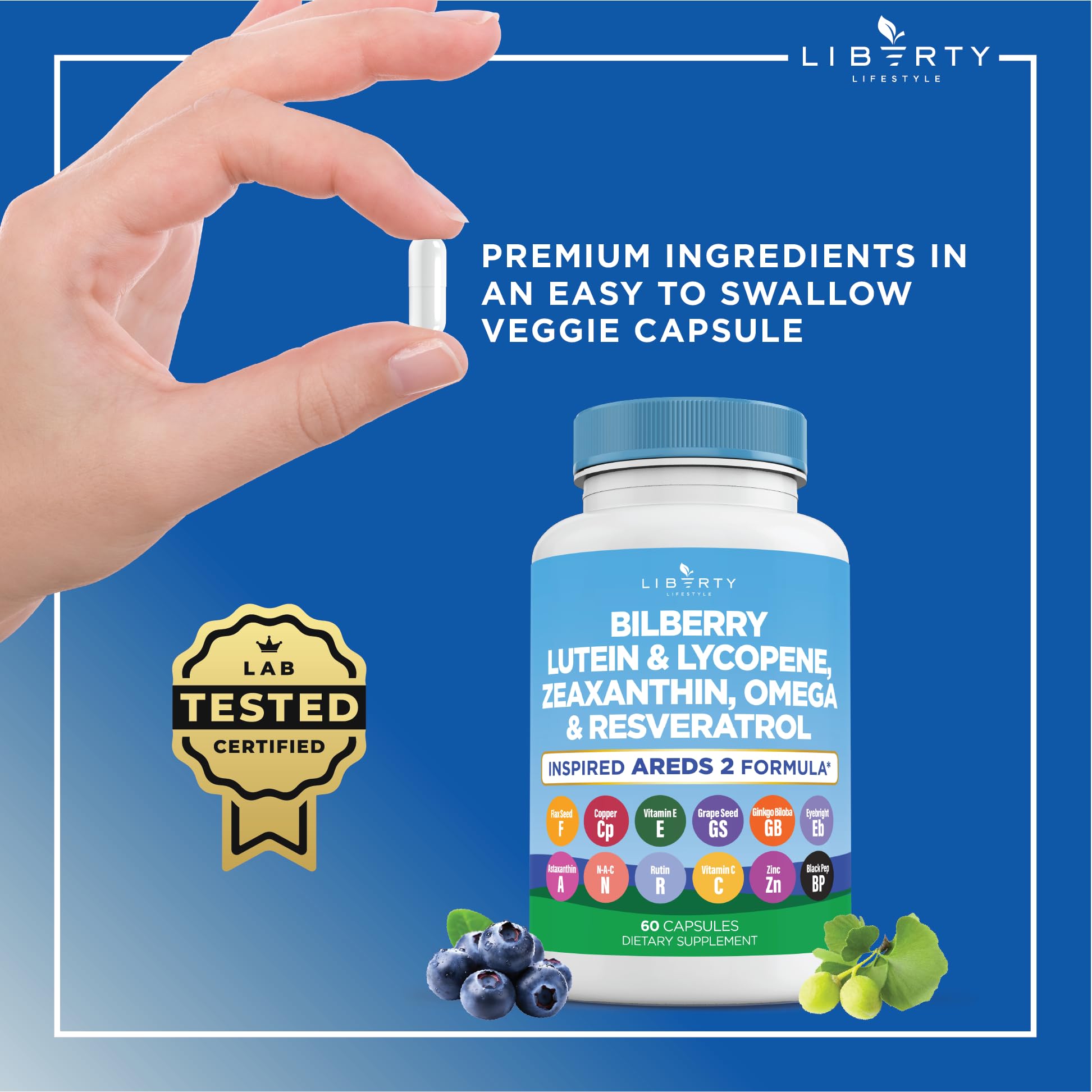 Liberty Lifestyle Eye Health Vitamins with Bilberry, Lutein & Zeaxanthin, Lycopene, Resveratrol, Grape Seed Extract, Flaxseed Astaxanthin- AREDS 2-120 Capsules — Amazon image 7