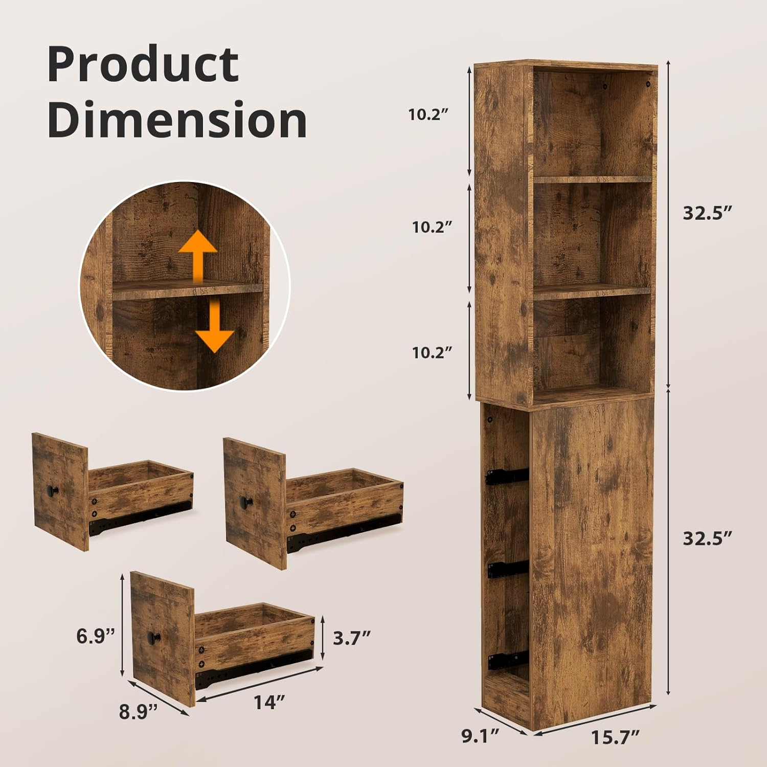 ARTETHYS Storage Cabinet Tall Narrow Bathroom Organizer with 3-Level Adjustable Shelves Slim Free Standing Space Saver for Living Room Kitchen, Rustic