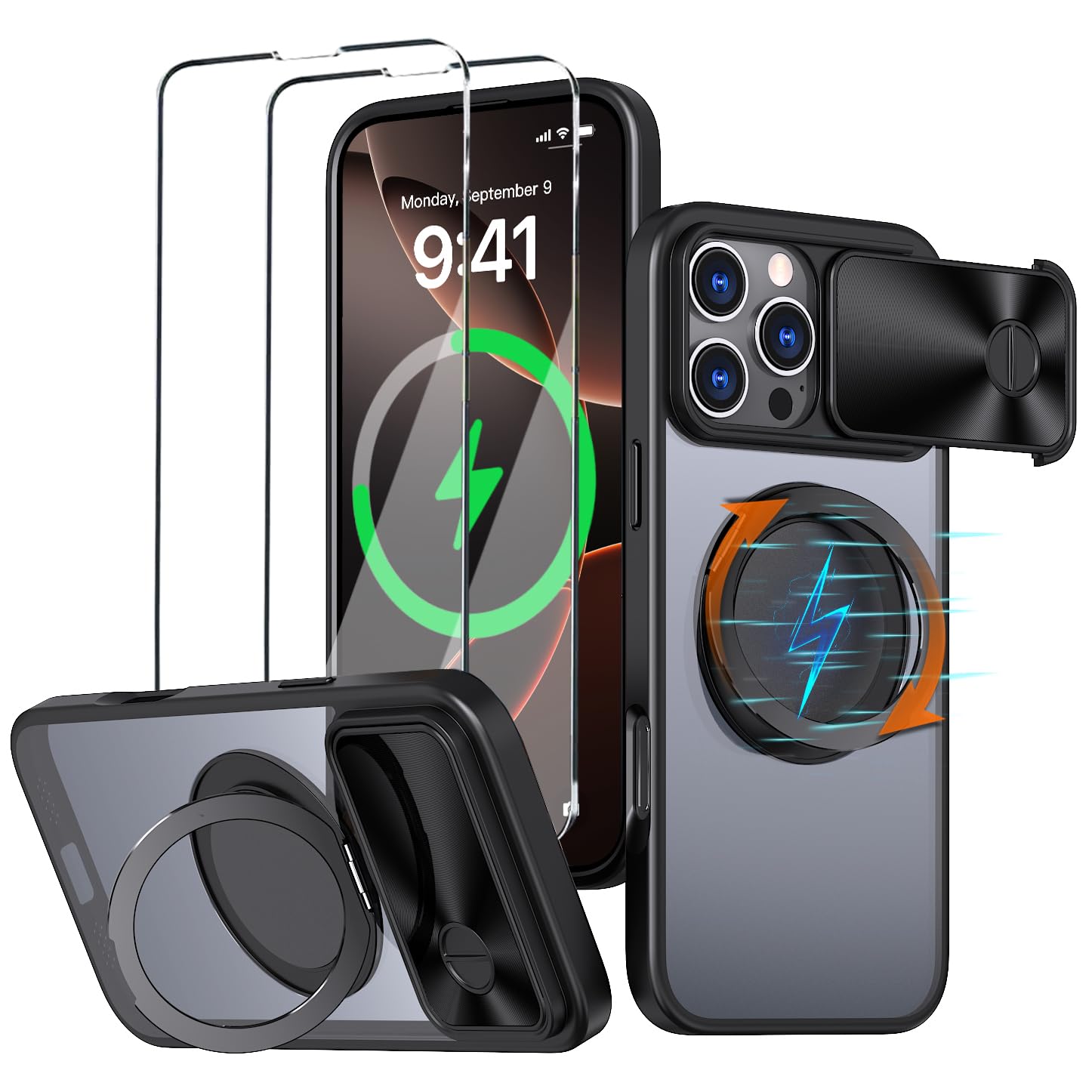 WATEFULL for iPhone 16 Pro Max MagSafe Case with 360° Rotatable Stand Ring Sliding Camera Lens Cover, with 2 Screen Protectors Ultra Magnetic Matte