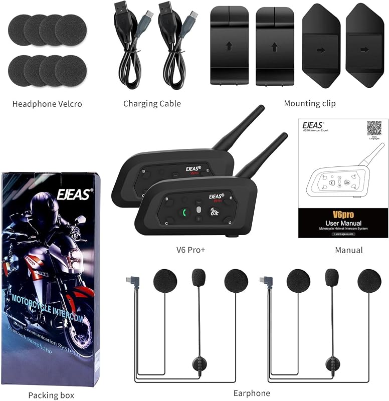 EJEAS V6 Pro+ Bluetooth motoros sisak intercom 6 fő csatlakozáshoz, 5.1 kommunikációs rendszer