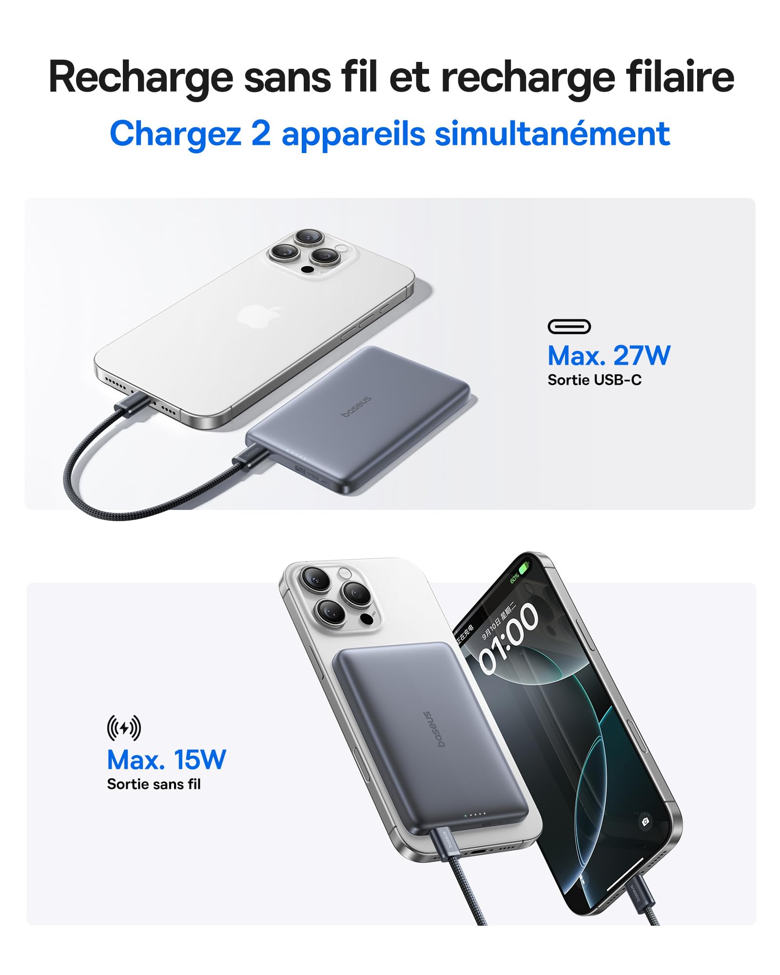 Baseus Picogo Powerbank, 10000mAh Qi2 Magsafe Powerbank, Ultra Slim, 15W Wireless Charge Rapide et PD 27 W, Batterie Externe Magnétique pour iPhone 17/16/15/14/13/12, Gris