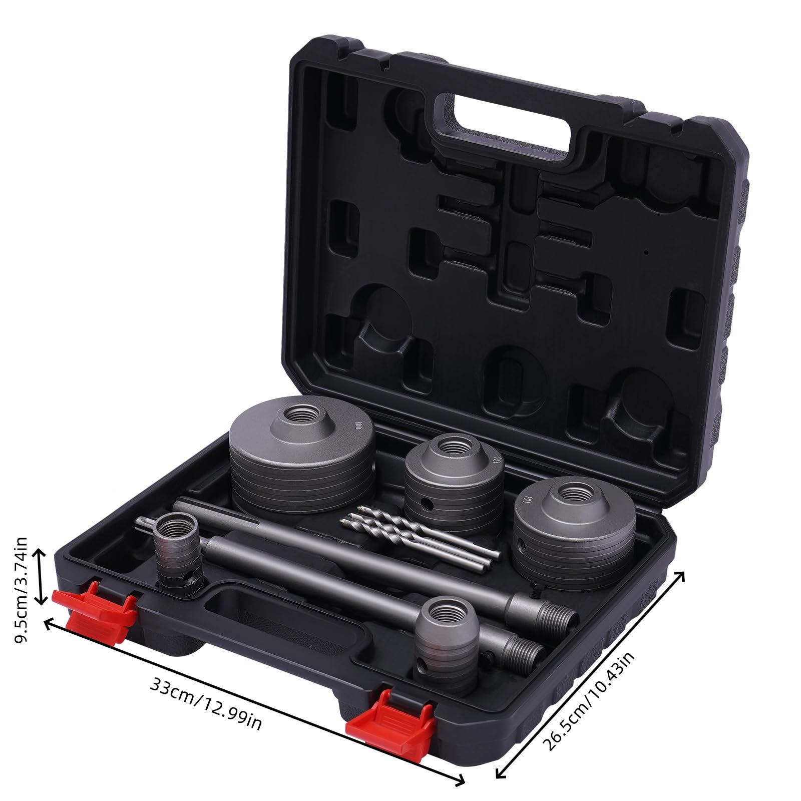 Set di seghe a tazza per calcestruzzo, Ø 30/40/68/80/100 mm, con attacco SDS Plus da 300 mm, codolo SDS-Max da 300 mm e 2 punte di centraggio per pareti in mattoni, pareti in schiuma e pareti in