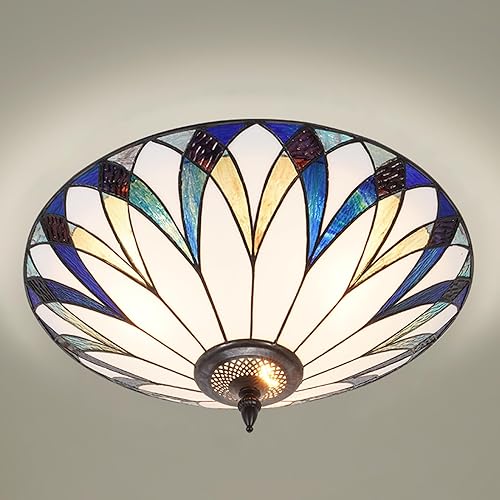 Miniatura 9 de MORE CHANGE Lámpara de techo estilo Tiffany de 20 pulgadas, estilo retro, hecha a mano, con vitrales, vintage, redonda, montaje empotrado, para