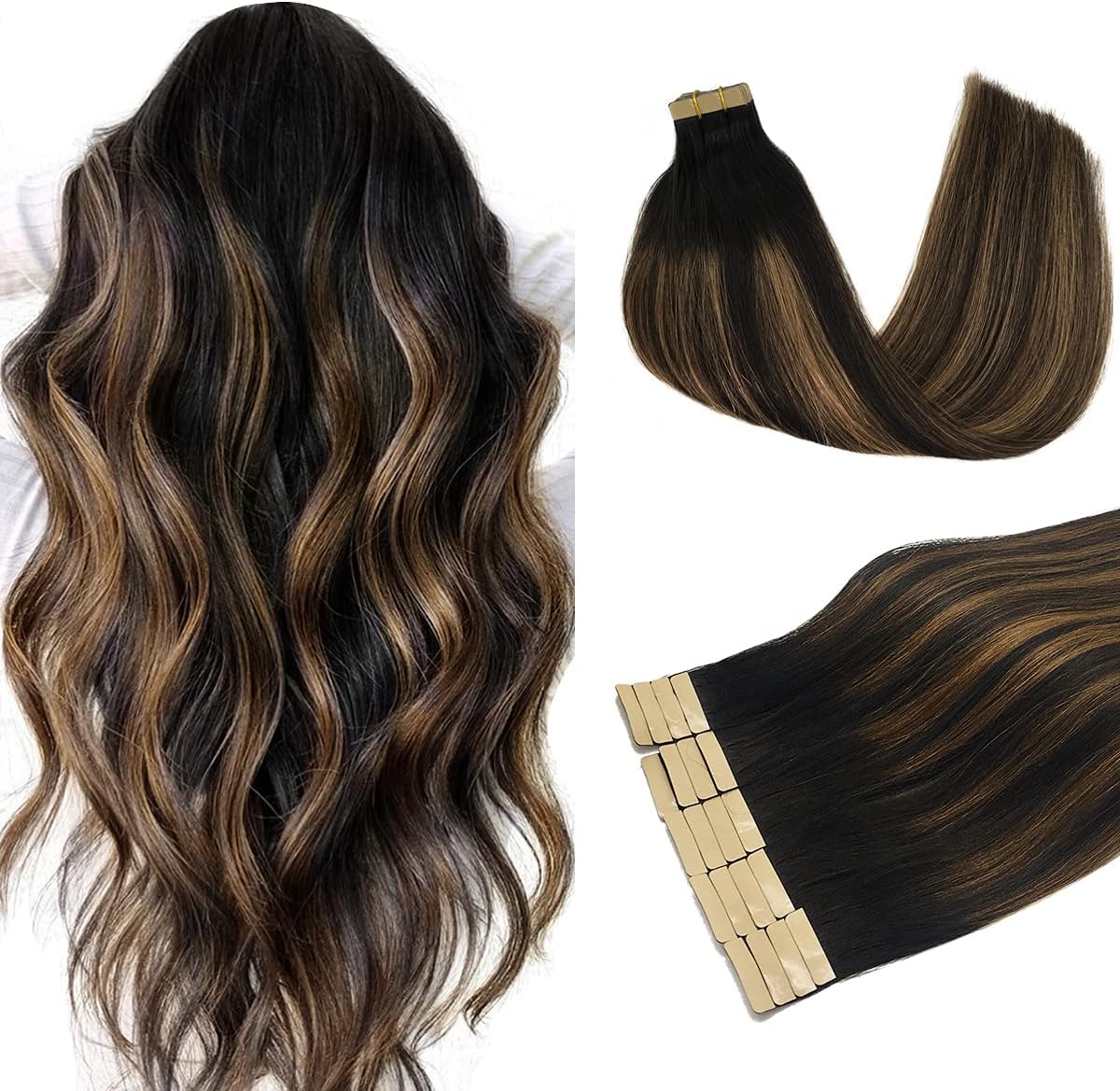 DOORES22 Inch Human Hair Extensions Balayage Natural Black to Chestnut Brown Real Tape in Hair Extensions Seamless Straight Tape in Hair Extensions 50g 20pcs