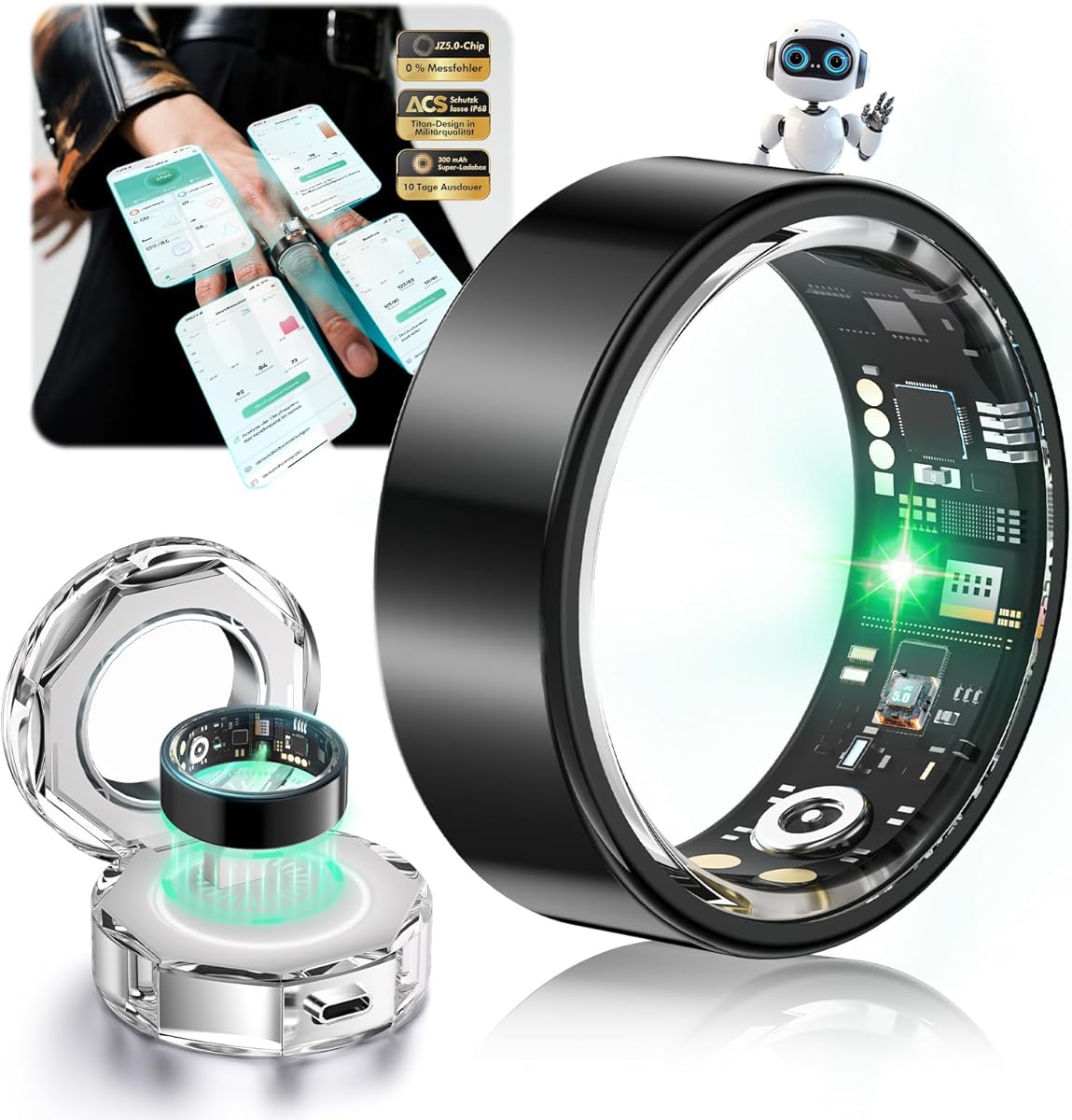 Smart Ring 5.Generation【Militärgeprüftes Titan-Design & IP68】【JZ5.0-Chip】 Smartring Fitness Ring- 200 Modi für Android IOS Smartringe für-Schwarz #12