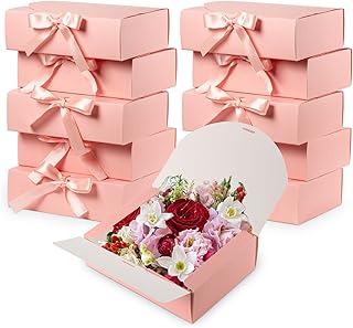 Briful 10 PCS Gift Boxes with Lids,Kraft Paper Gift Box,Pink Favor Boxes with Ribbon,Foldble Gift Boxes,Bridesmaid Proposal Box,Bridesmaid Gift Set Birthday Box for Wedding Packaging Presen