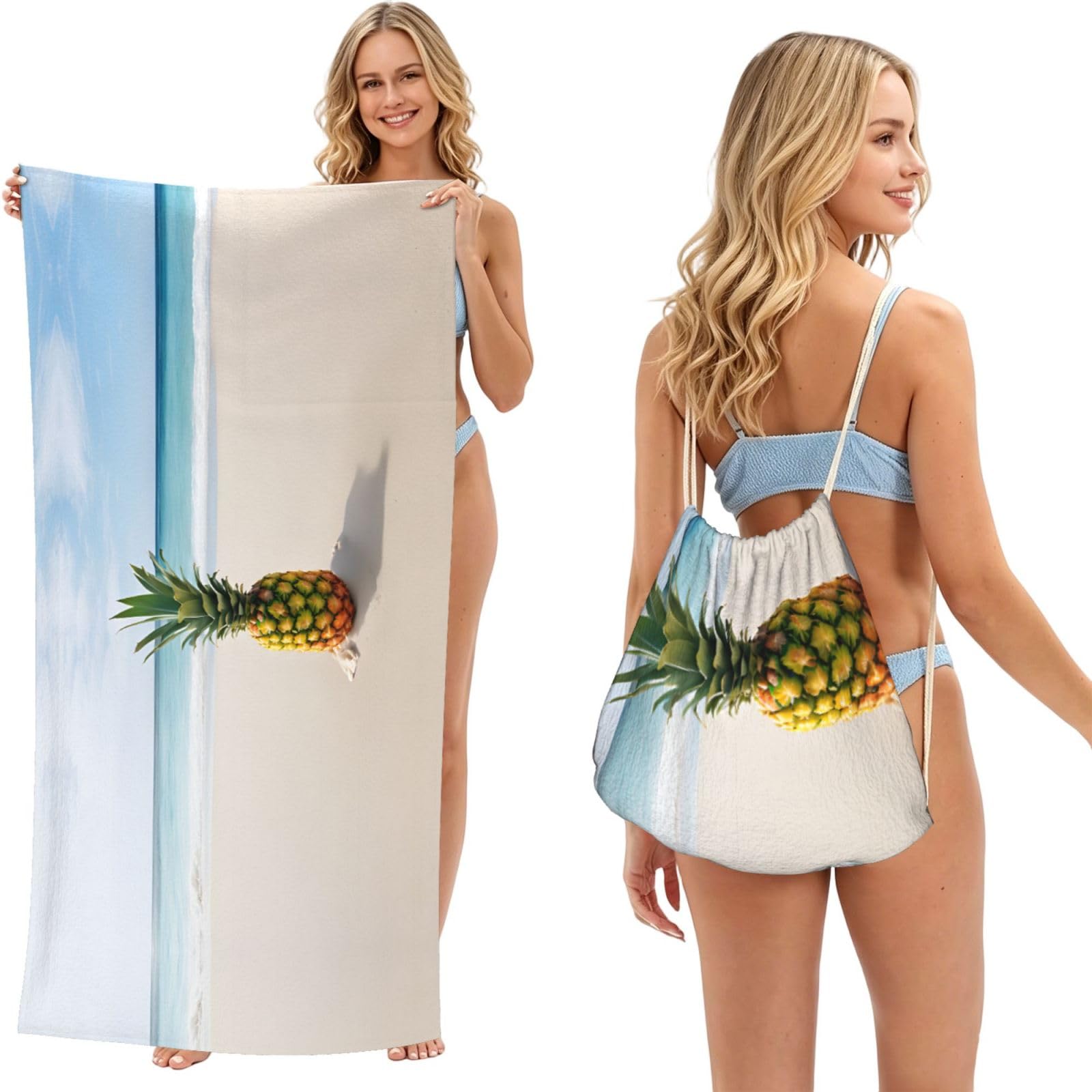 ESNAIUVCD Pineapple By The Sea Print Beach Towel For Adults,Towel With Drawstring Bag, Travel Pool Swimming Sports Shower Sand Free Quick Dry Bath Towel For Pool, Beach, Yoga- 180x60cm