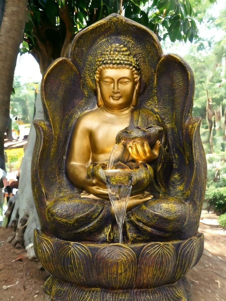 Sepborn Water Fountain Outdoor Big Size Garden Buddha Statue Fountain with Water Flow, Copper, 90 cm with LED Lights Water Pump