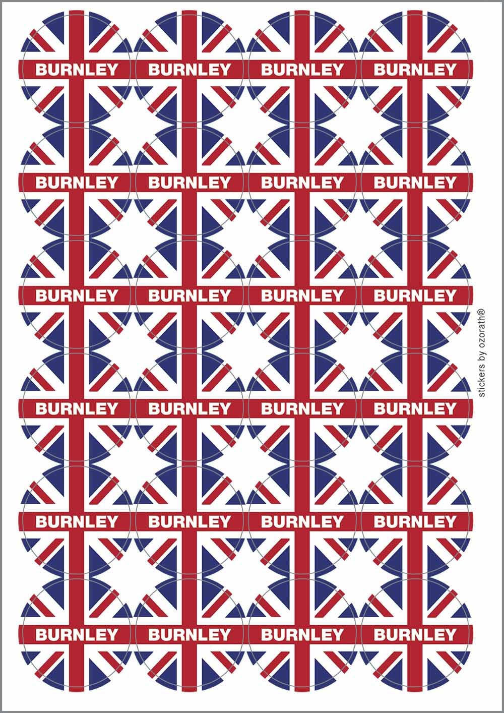 Burnley Union Jack Circular Matt Paper Stickers A4 Sheet of 24 (Each Sticker is 45mm Diameter)