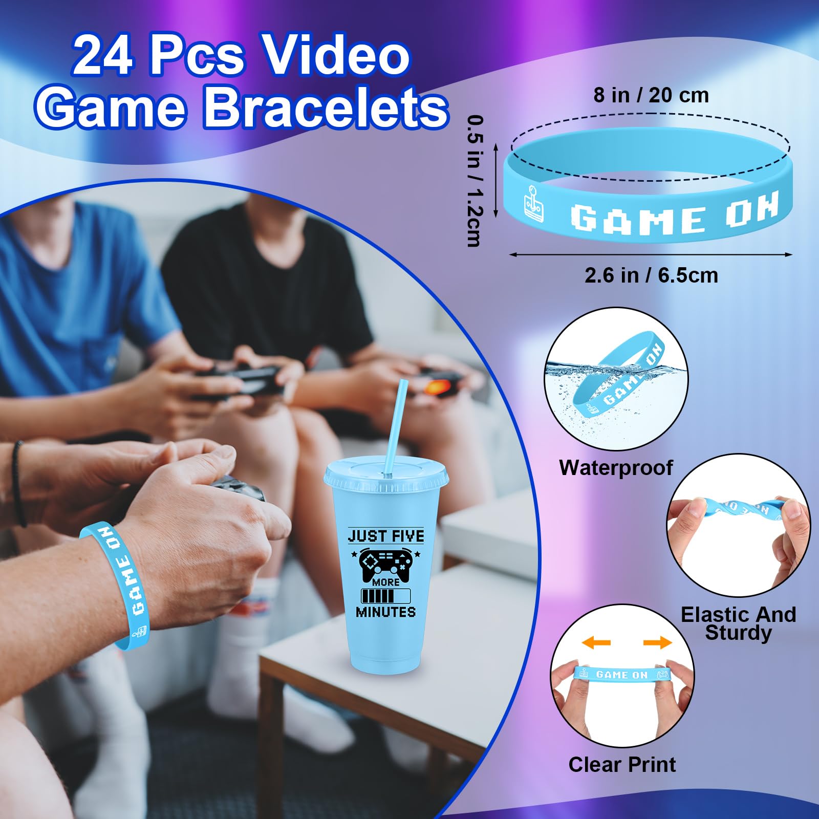 Jingmore Juego de 24/48 piezas de recuerdos de fiesta de videojuegos incluye vasos de plástico de videojuegos de 24 onzas con tapas y pajitas y pulseras de silicona, vasos de plástico reutilizables