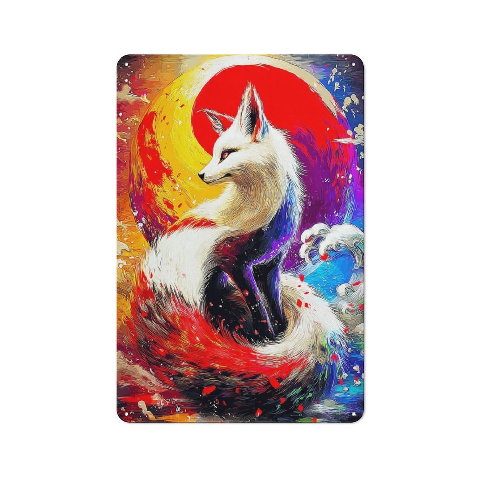 Junmoney Fox Spirit In Cosmic Dance Metal Plaque 30X20cm With For Garage Wall, Rustic Decor, For Vintage Wall Decor Fans, For Themed Room Decoration