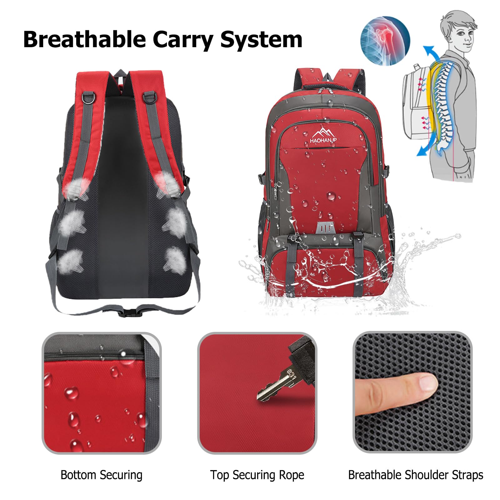 55L Zaino da Trekking Zaino Grande Impermeabile Zaini Hiking Backpack per Donna Uomo Campeggio Arrampicata Viaggio Sport Nero