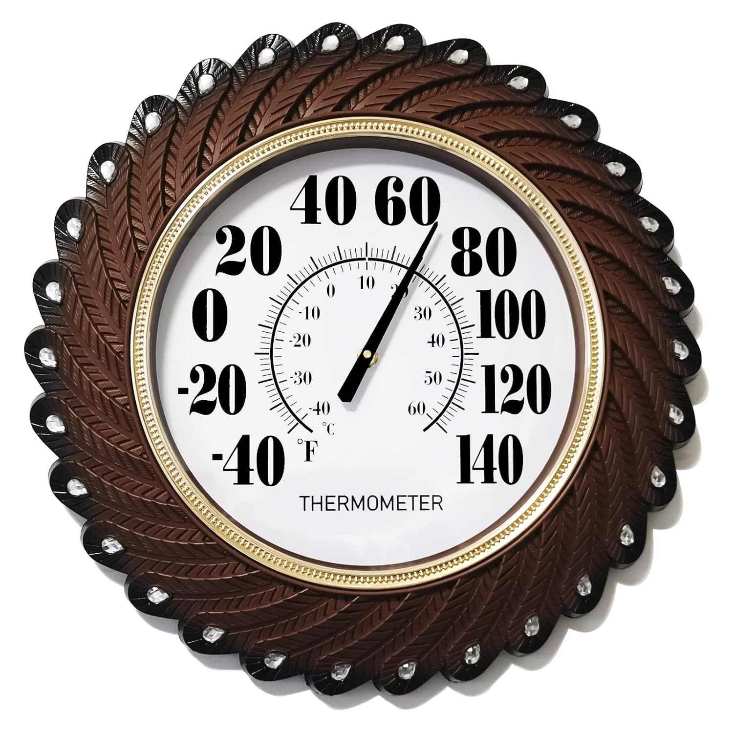 Indoor Outdoor Wall Thermometer 16'' Large Numbers Thermometer Wireless Hanging Temperature Monitor for Home Garden Outside Patio Decor Does not Require Battery(Brown) 16 Inch Brown