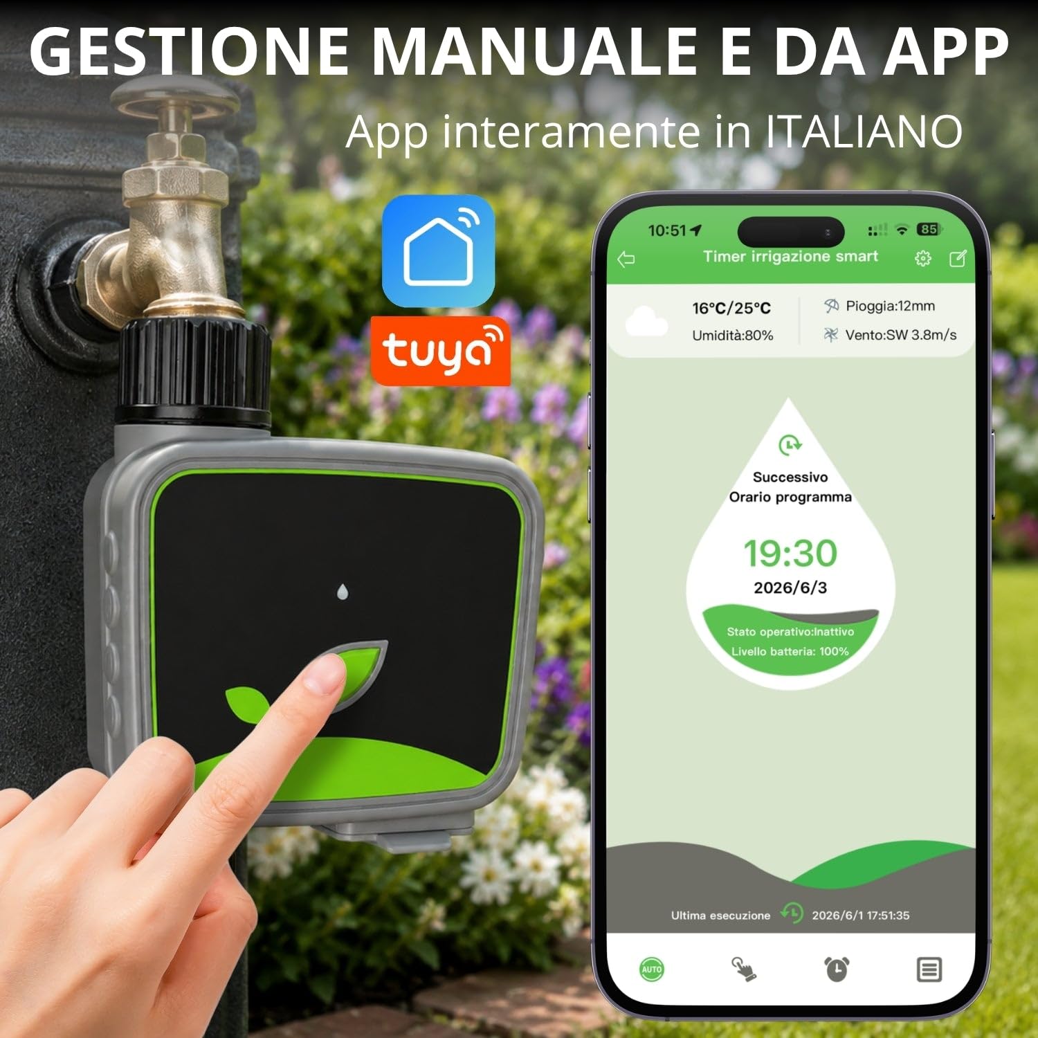 domyno Temporizador de riego WiFi inteligente de jardín con Hub RF incluido, programador de agua App Tuya Smart Life, retraso de lluvia, modo manual, temporizador para césped, huerto, macetas