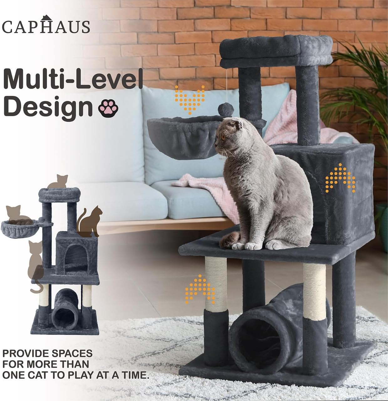 CAPHAUS Multi-Level 40-Inch Cat Activity Tree with Scratching Posts, Spacious Perch for Indoor Cute Cats, Cat Tree with Modern Tunnel, Basket, Cat Cave Condo for Large Cats Kittens
