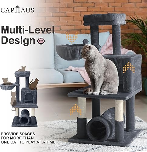 Miniatura 4 de CAPHAUS Árbol de actividades para gatos extra ancho y alto con dos percas superiores, postes rascadores, torre de juego de varios niveles para gatos