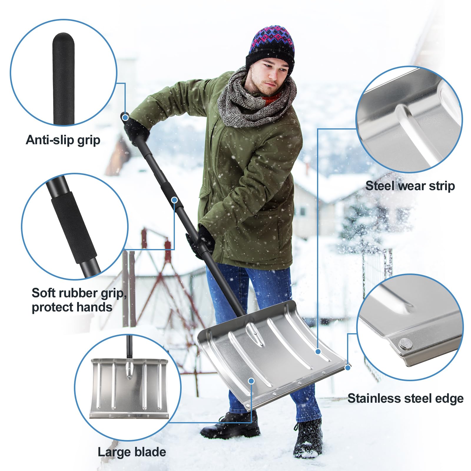 Pala quitanieves para entrada de vehículos, pala quitanieves de aluminio resistente, mango largo de 67", pala ergonómica de metal para empujar la nieve, portátil para el maletero del automóvil, el g