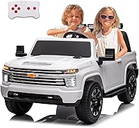 LUIBAS 24V 4WD Licensed Chevrolet Silverado HD 2-Seater Kids Ride-On Truck w/ Remote Control, White - All-Terrain UTV for Boys Girls