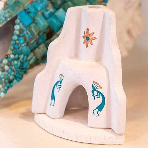 Miniatura 3 de Incienso de Santa Fe - Chimenea de esquina blanca estilo suroeste con Kokopelli pintado a mano en turquesa con detalles de cobre, quemador de