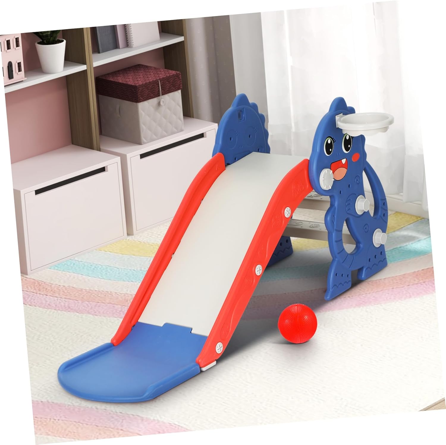 VANZACK Slide Climber Playset with Basketball Hoop Foldable Lightweight Slide for Indoor Outdoor Use Colorful Compact Playground for Ages Easy Assembly and Space-Saving Design