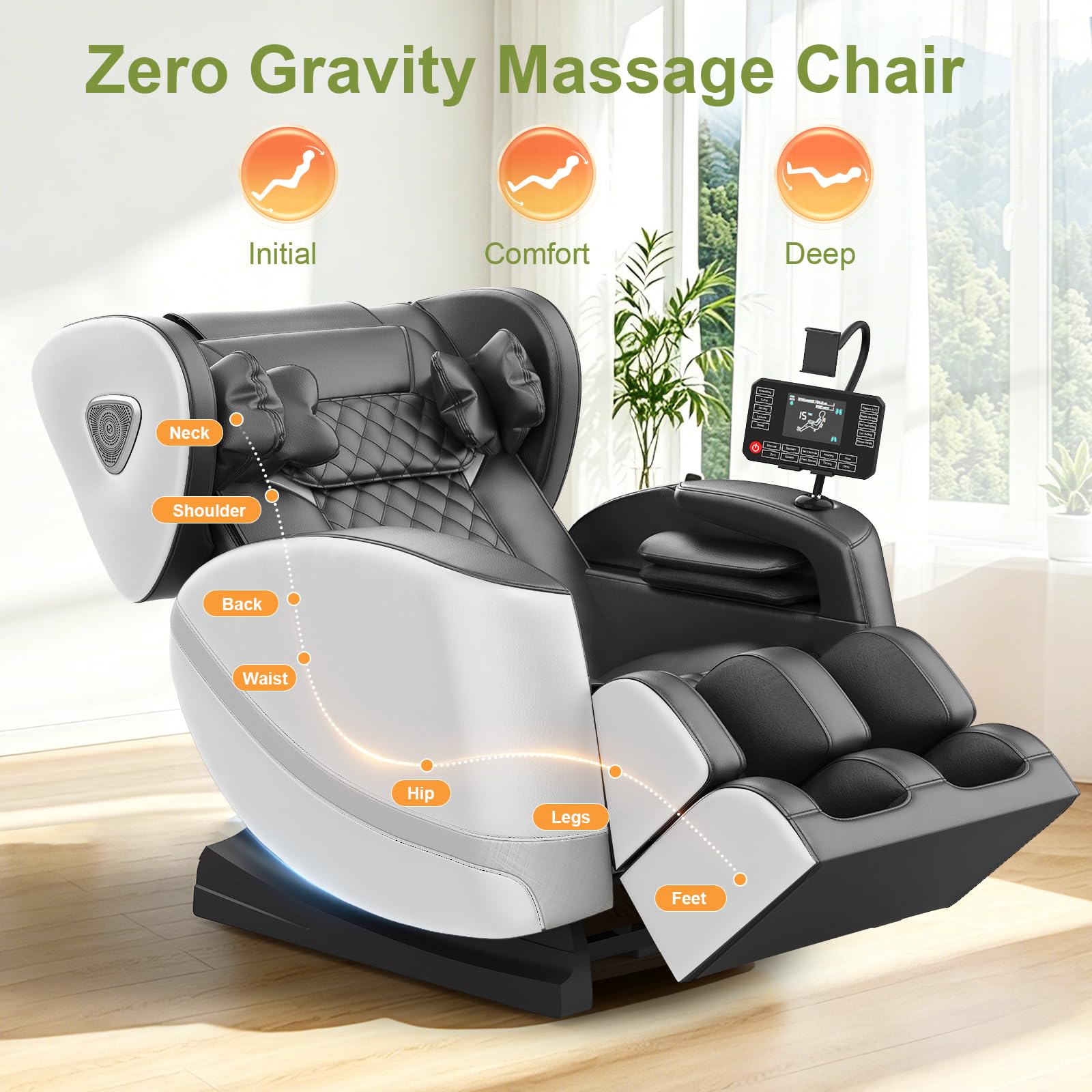 F FURNIMAT Massagesessel, Ganzkörper-Massagestuhl mit 14 Rollen, 8 Komfort-Luftkissen & Zero Gravity– Bluetooth Lautsprecher, Touchscreen, Handyhülter, Wärme für Lenden und Beine
