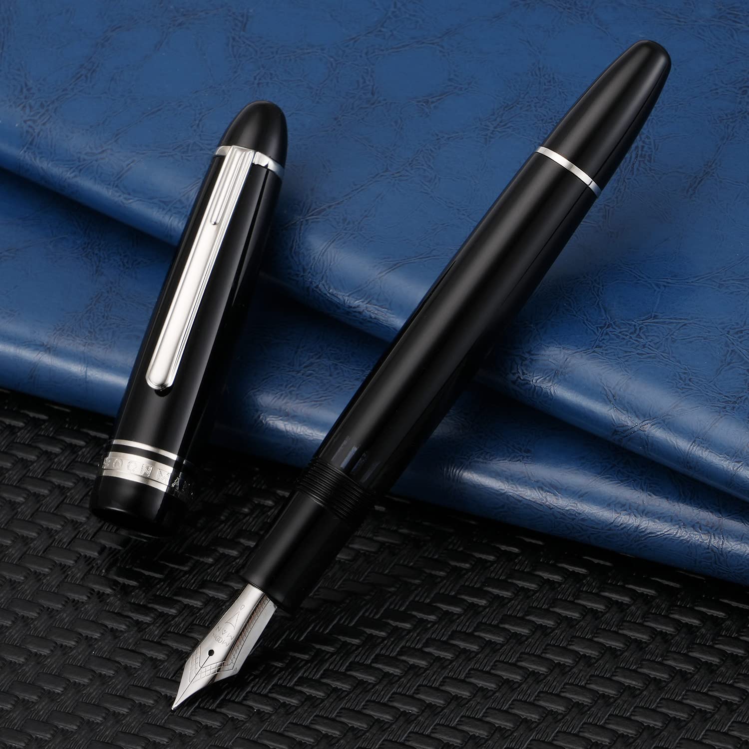 Majohn P136 Piston Pluma estilográfica mediana con caja, Boligrafo Pluma de Escribir de resina negra