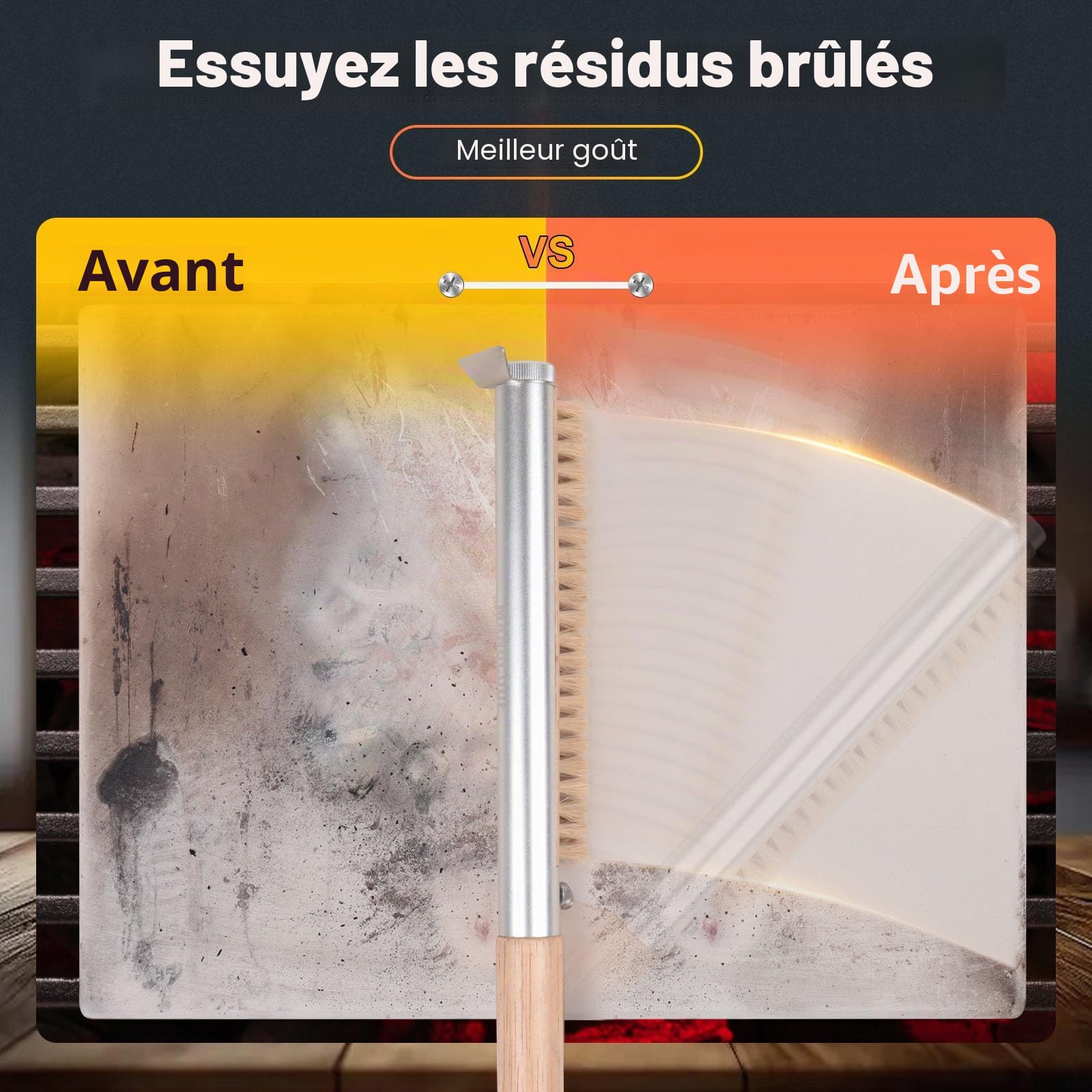 Brosse de four à pizza avec grattoir 52 cm Poils naturels pour nettoyer la pierre à pizza Manche en bois