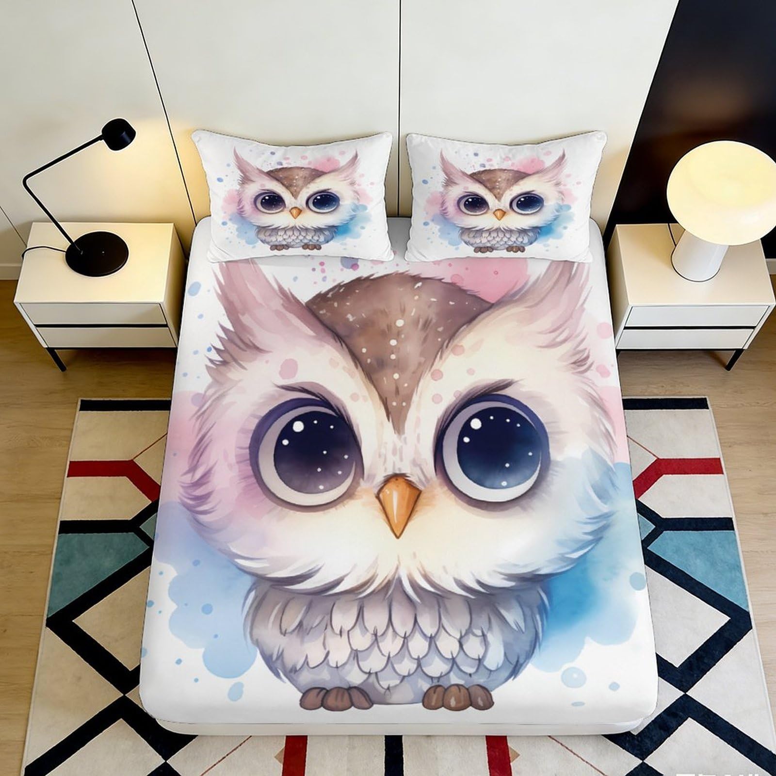 3D Printed cute owl Fitted Sheet, soft touch Microfiber, non-slip, wrinkle resistant, bed decor for master bedroom or guest room, apartment bedding, 118x100cm 90x200x25cm