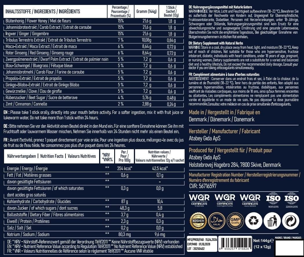PrimeFormula Maca Gel, Extra Stark für aktive Männer, Ginseng 12x12g