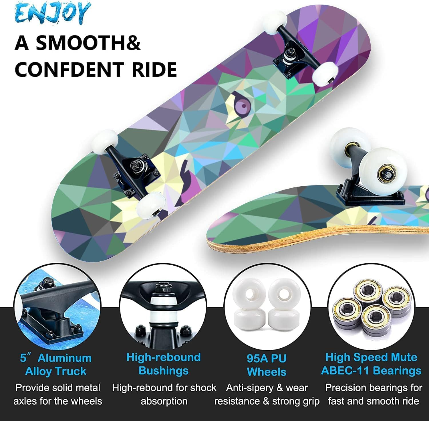 Skateboards for Beginners Kids Boys Girls and Adults 31"x8" Pro Complete Skateboard 8 Layers Maple Wood, Double Kick Concave, Fascinating Cool, Solid&Durable